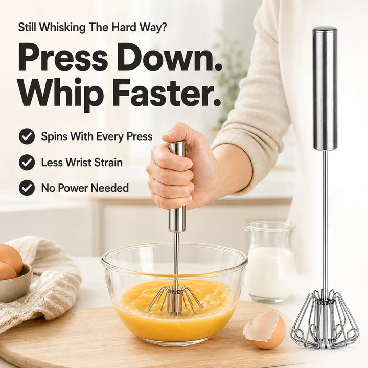 Stainless Steel Press-Spin Whisk — Whip Eggs Without the Effort