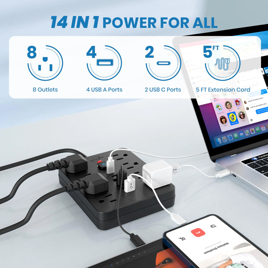 16-Outlet Cube Power Strip, USB-C, US Plug, No Block - DHACTIVE