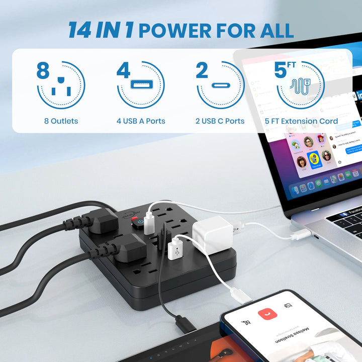 16-Outlet Cube Power Strip, USB-C, US Plug, No Block - DHACTIVE