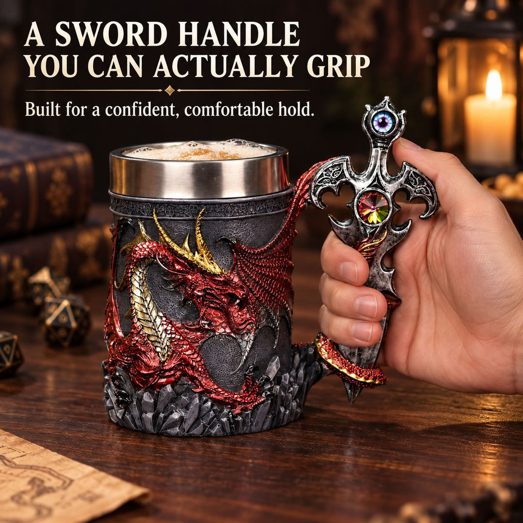 Medieval Dragon Sword Beer Mug – 3D Stainless Gothic Tankard 600ml