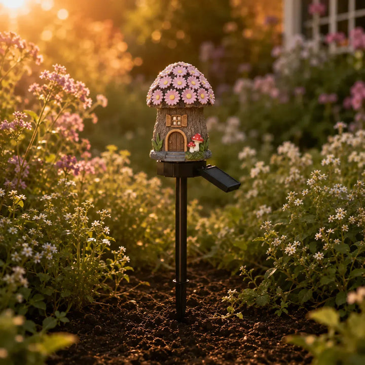 Solar Fairy Cottage Garden Stake Light, Hand-Sculpted Resin, Auto-On Warm LED - DHACTIVE 14