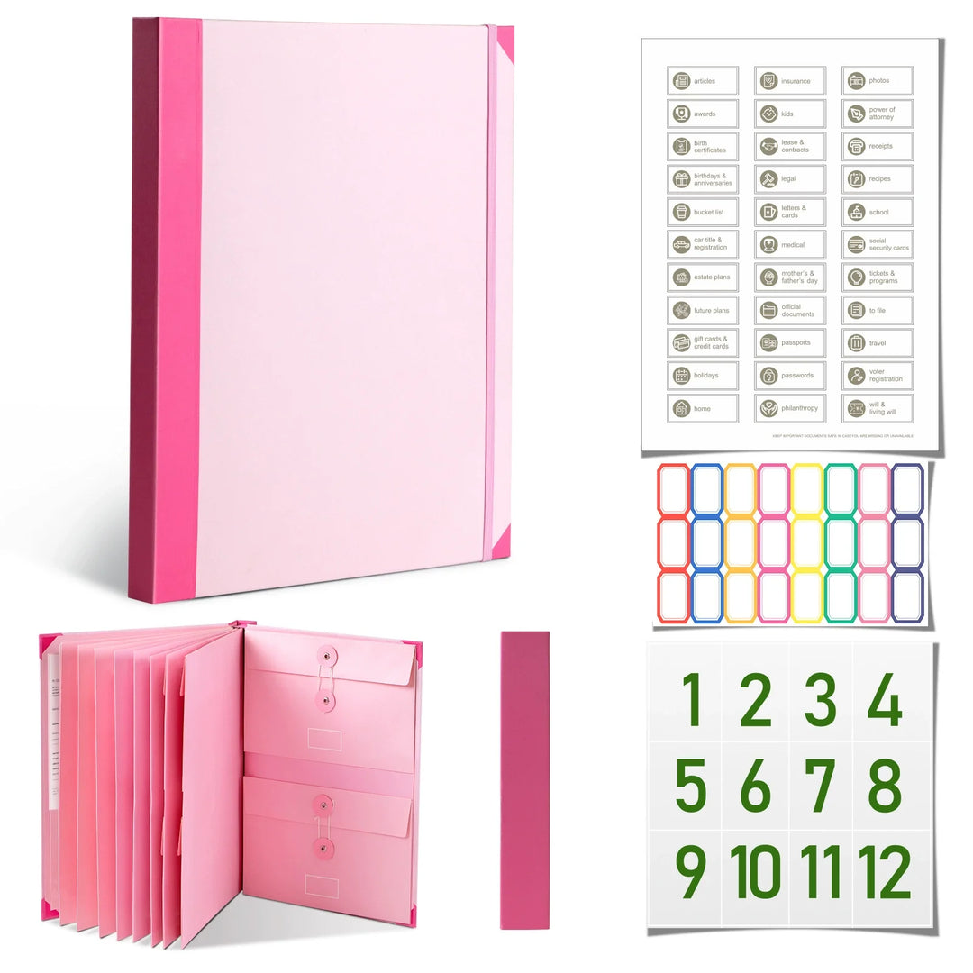 12-Pocket Accordion Document Organizer – Acid-Free, String-Tie Closures, Labels