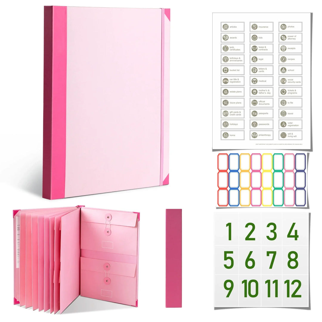 12-Pocket Accordion Document Organizer – Acid-Free, String-Tie Closures, Labels