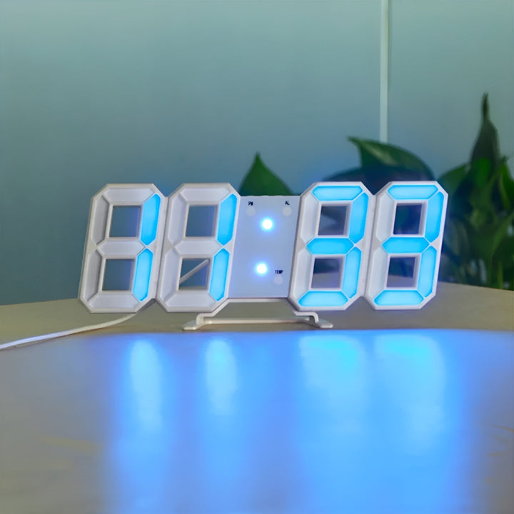 PixelTime Clock – Modern 3D LED Digital Wall Clock with Temperature, Date &amp; Alarm - Sky Blue