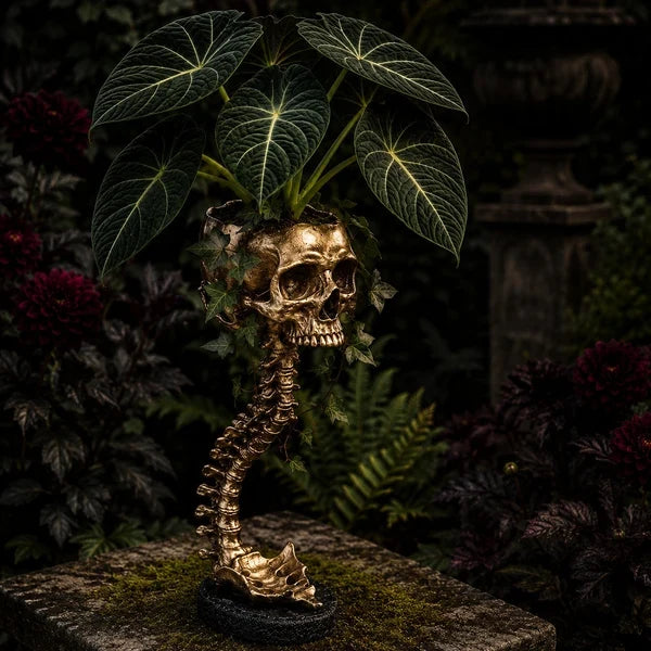 Skull Planter with Stand – Halloween Decor for Shelves