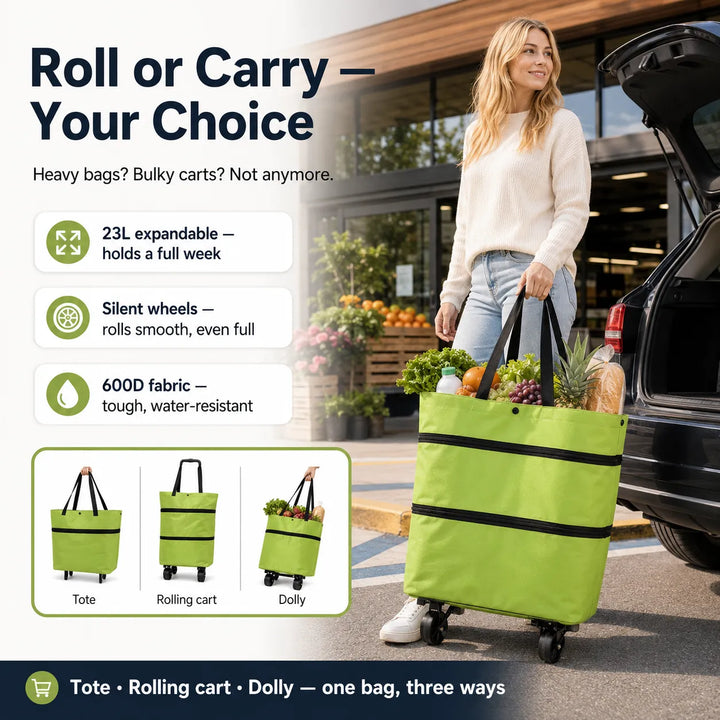 Foldable Rolling Grocery Bag Cart – Large Capacity Tote for Easy Shopping Trips