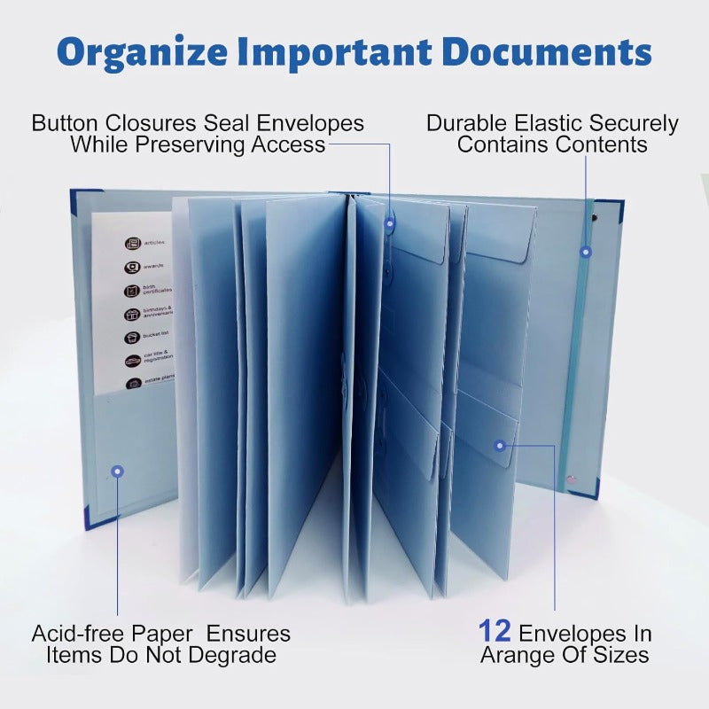 12-Pocket Accordion Document Organizer – Acid-Free, String-Tie Closures, Labels