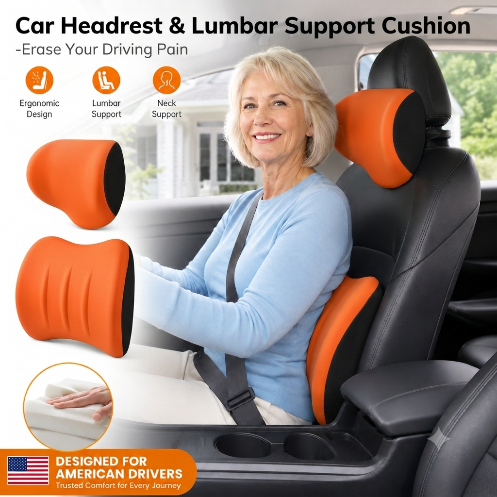Ergonomic Car Neck &amp; Lumbar Support Cushion Set for Driving Comfort