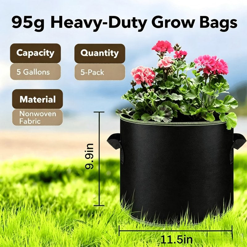 5-Pack Grow Bags – Durable Aeration Pots for Healthy Roots