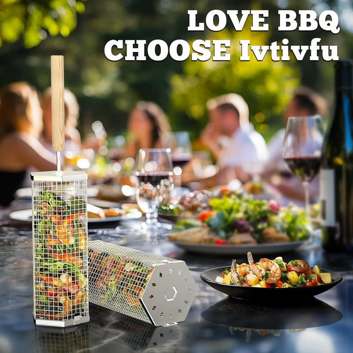Heavy Duty Rolling Grill Basket Set – No More Food Falling Through - DHACTIVE 4