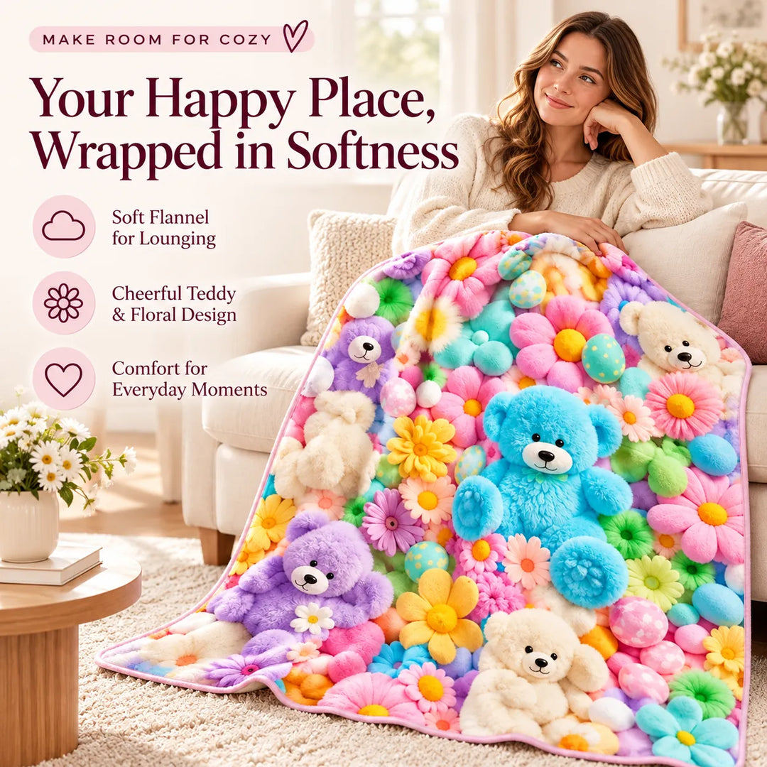 Bunny &amp; Teddy Floral Flannel Throw Blanket – Cozy 4-Size Comfort
