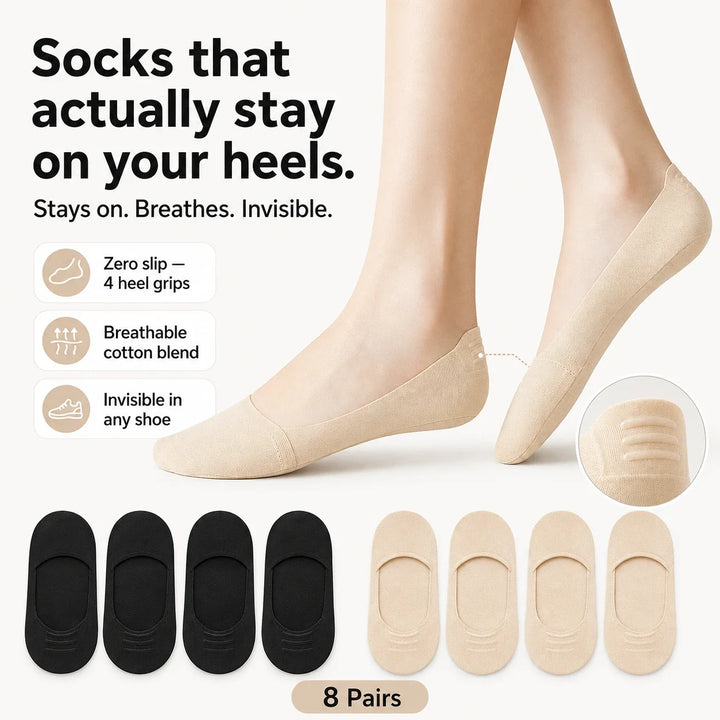 8-Pairs No-Show Socks – Breathable Cotton Liner with Non-Slip Heel