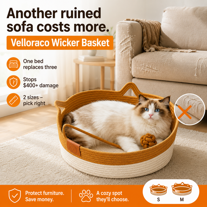 Handwoven Wicker Cat Basket – 2 Sizes, Toy &amp; Scratch‑Safe