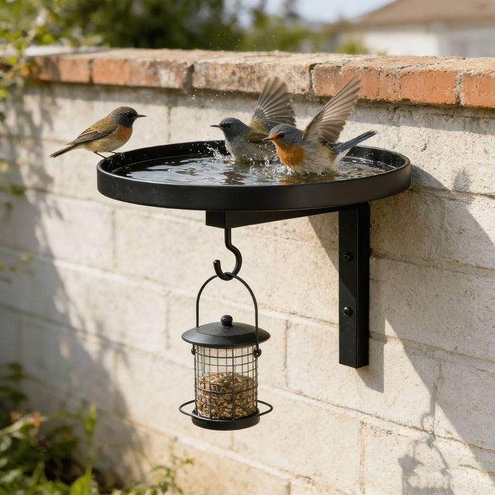 Wall-Mounted Metal Bird Bath &amp; Feeder Station with Hanging Hook - DHACTIVE