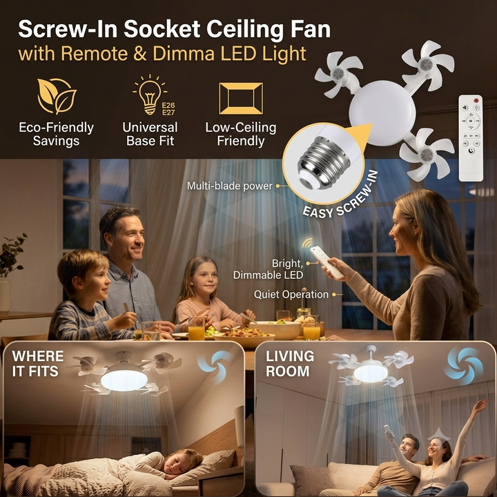 Screw-In Socket Ceiling Fan with Remote &amp; Dimmable LED Light - DHACTIVE