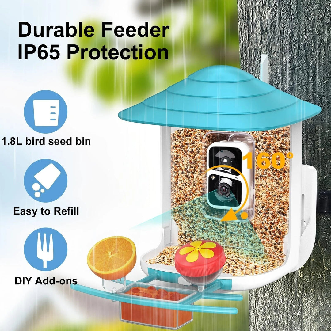 4 in. 1-Blue Smart Bird Feeder 60 oz. with Camera, Solar Panel and 140° View - DHACTIVE 4