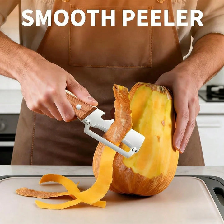 2-in-1 Stainless Steel VegetablePeeler with Wooden Handle &amp;Bottle Opener
