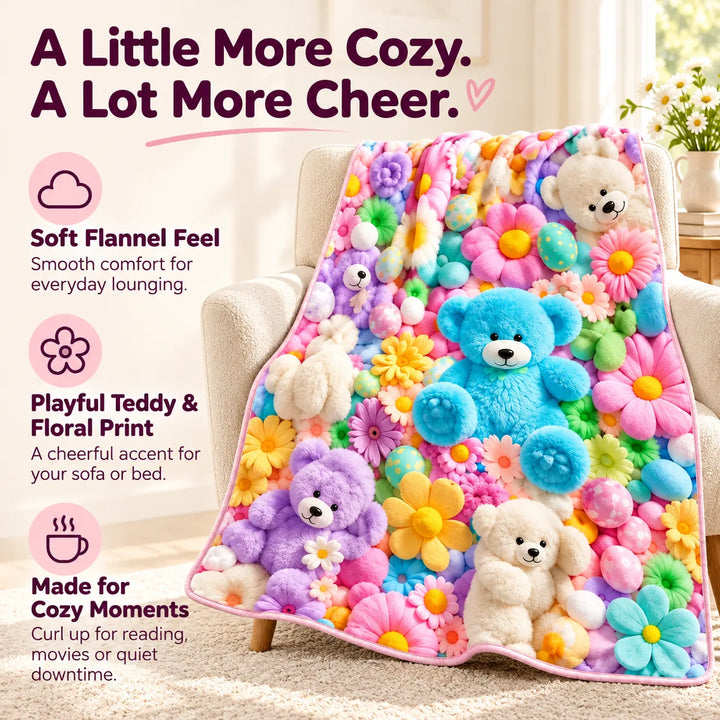 Bunny &amp; Teddy Floral Flannel Throw Blanket – Cozy 4-Size Comfort