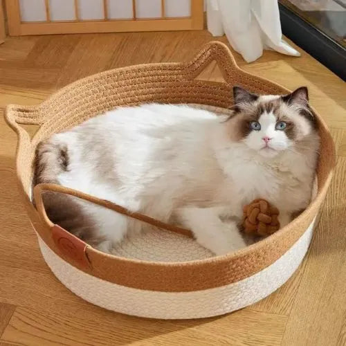 Handwoven Wicker Cat Basket – 2 Sizes, Toy &amp; Scratch‑Safe