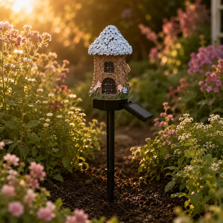 Solar Fairy Cottage Garden Stake Light, Hand-Sculpted Resin, Auto-On Warm LED - DHACTIVE 18