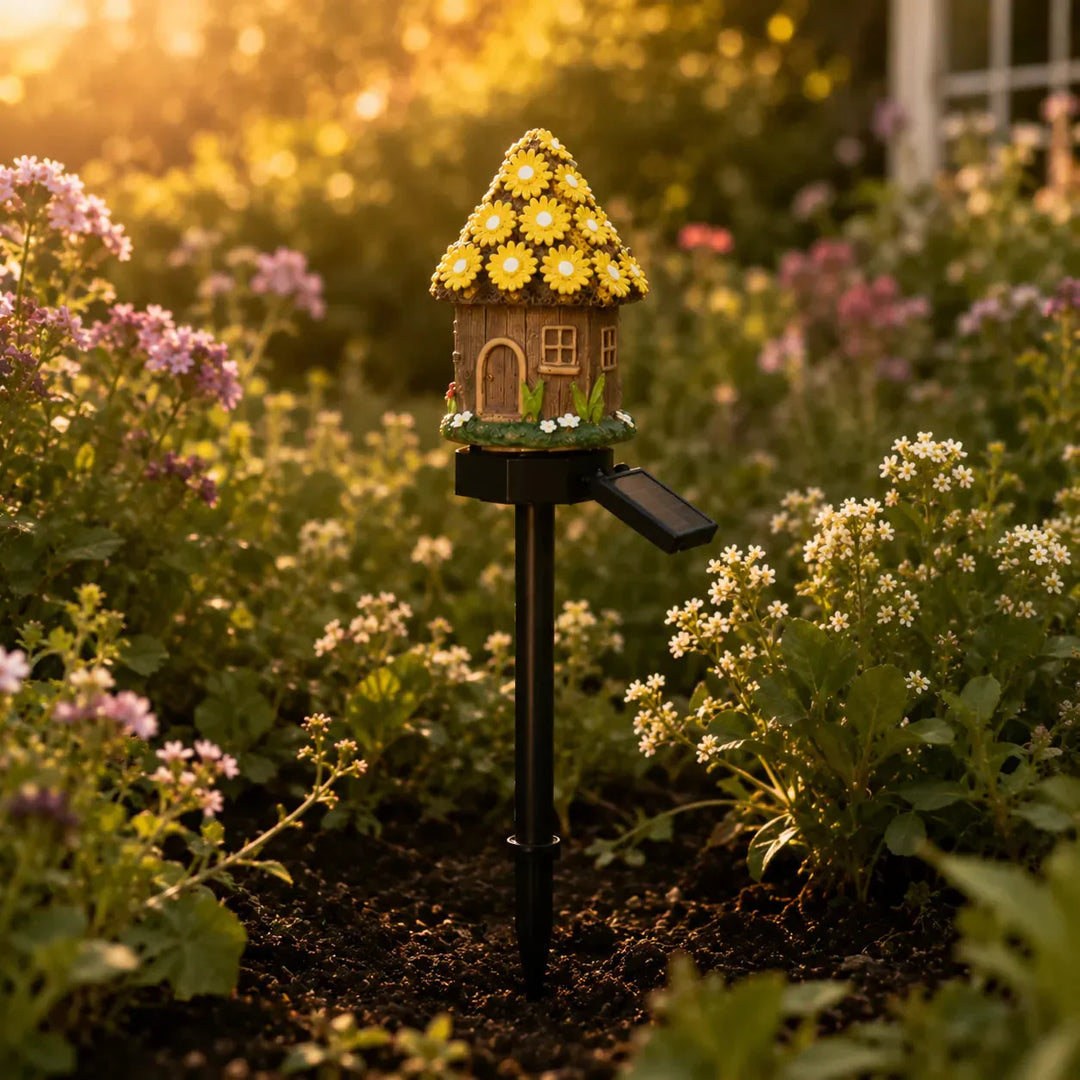 Solar Fairy Cottage Garden Stake Light, Hand-Sculpted Resin, Auto-On Warm LED - DHACTIVE 13