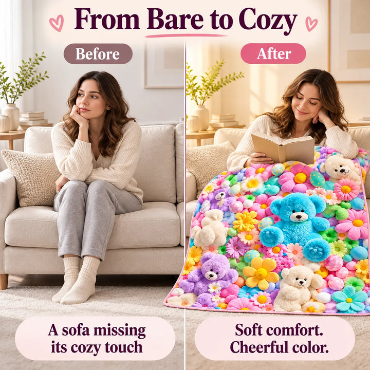 Bunny &amp; Teddy Floral Flannel Throw Blanket – Cozy 4-Size Comfort