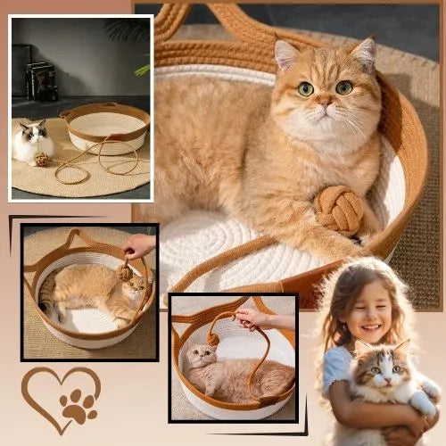 Handwoven Wicker Cat Basket – 2 Sizes, Toy &amp; Scratch‑Safe