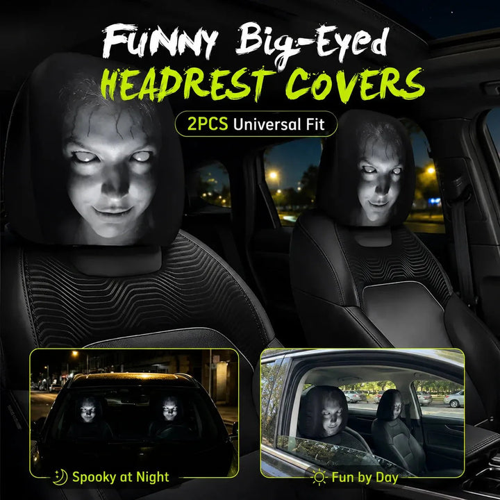 2PCS Funny Car Headrest Covers – Big-Eyed Cartoon Design
