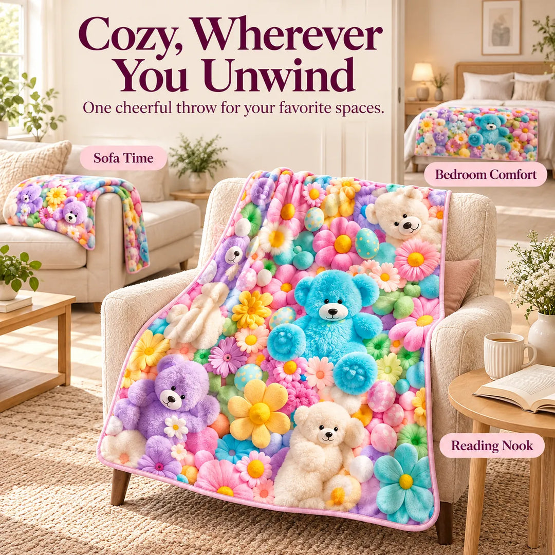 Bunny &amp; Teddy Floral Flannel Throw Blanket – Cozy 4-Size Comfort