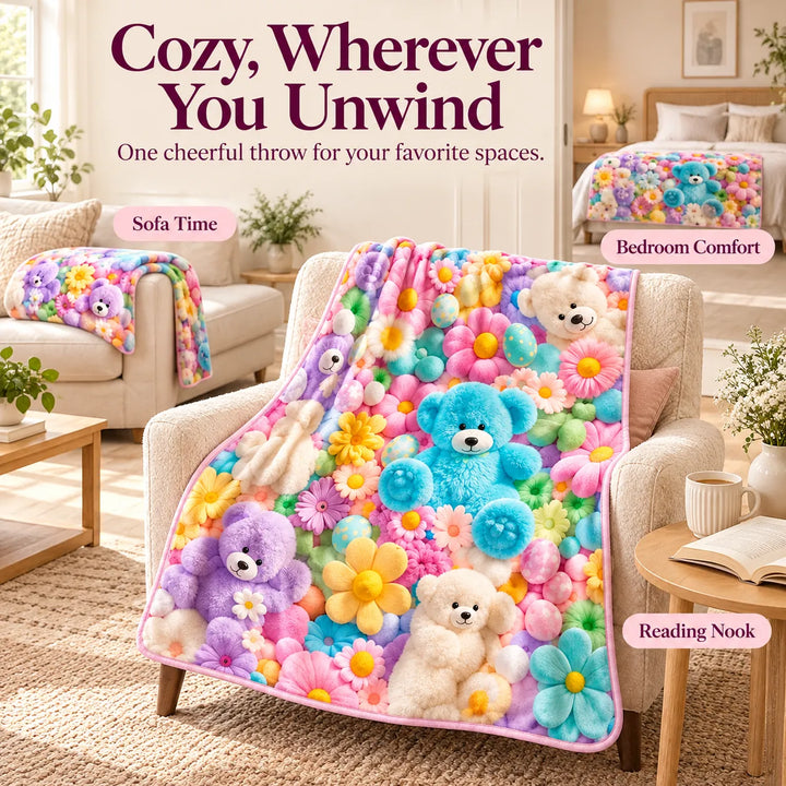 Bunny &amp; Teddy Floral Flannel Throw Blanket – Cozy 4-Size Comfort