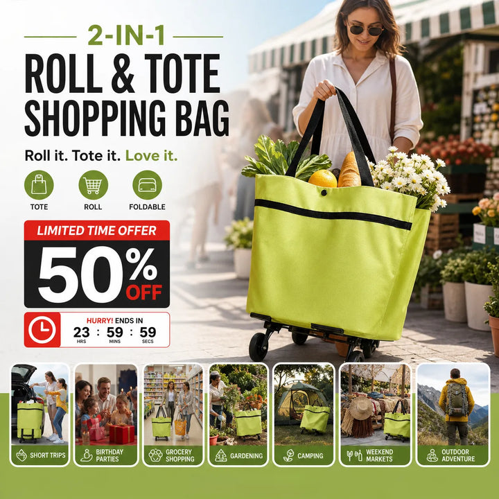 Foldable Rolling Grocery Bag Cart – Large Capacity Tote for Easy Shopping Trips