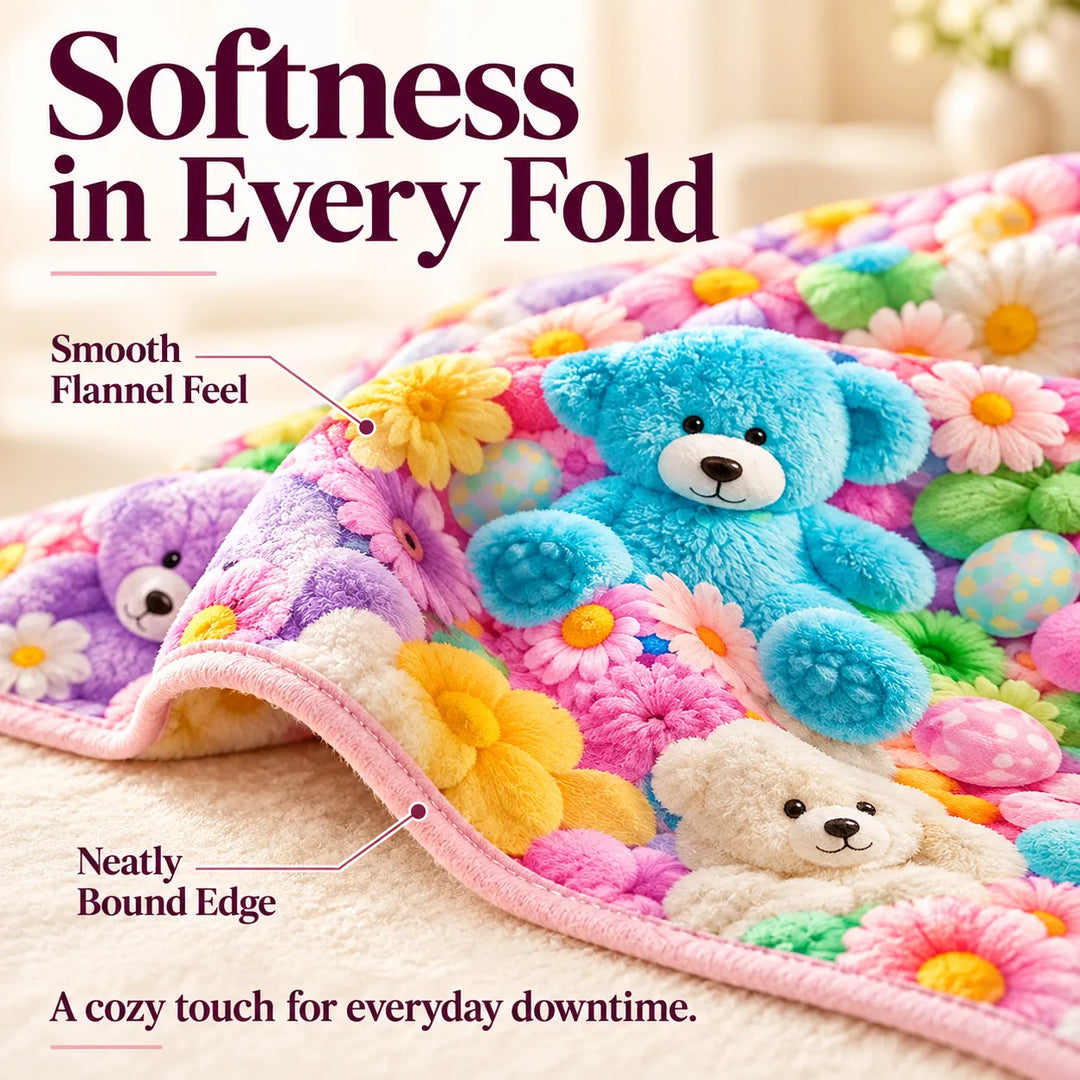 Bunny &amp; Teddy Floral Flannel Throw Blanket – Cozy 4-Size Comfort