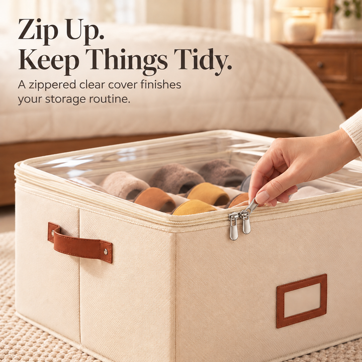 Foldable Oxford Fabric Storage Bin with Clear Zip Cover &amp; Dividers