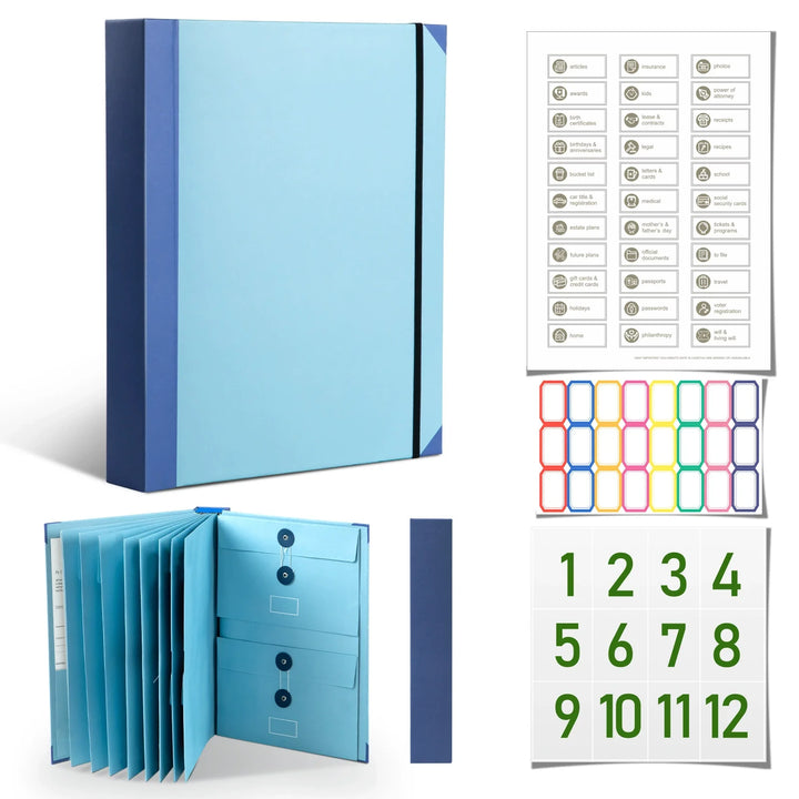 12-Pocket Accordion Document Organizer – Acid-Free, String-Tie Closures, Labels