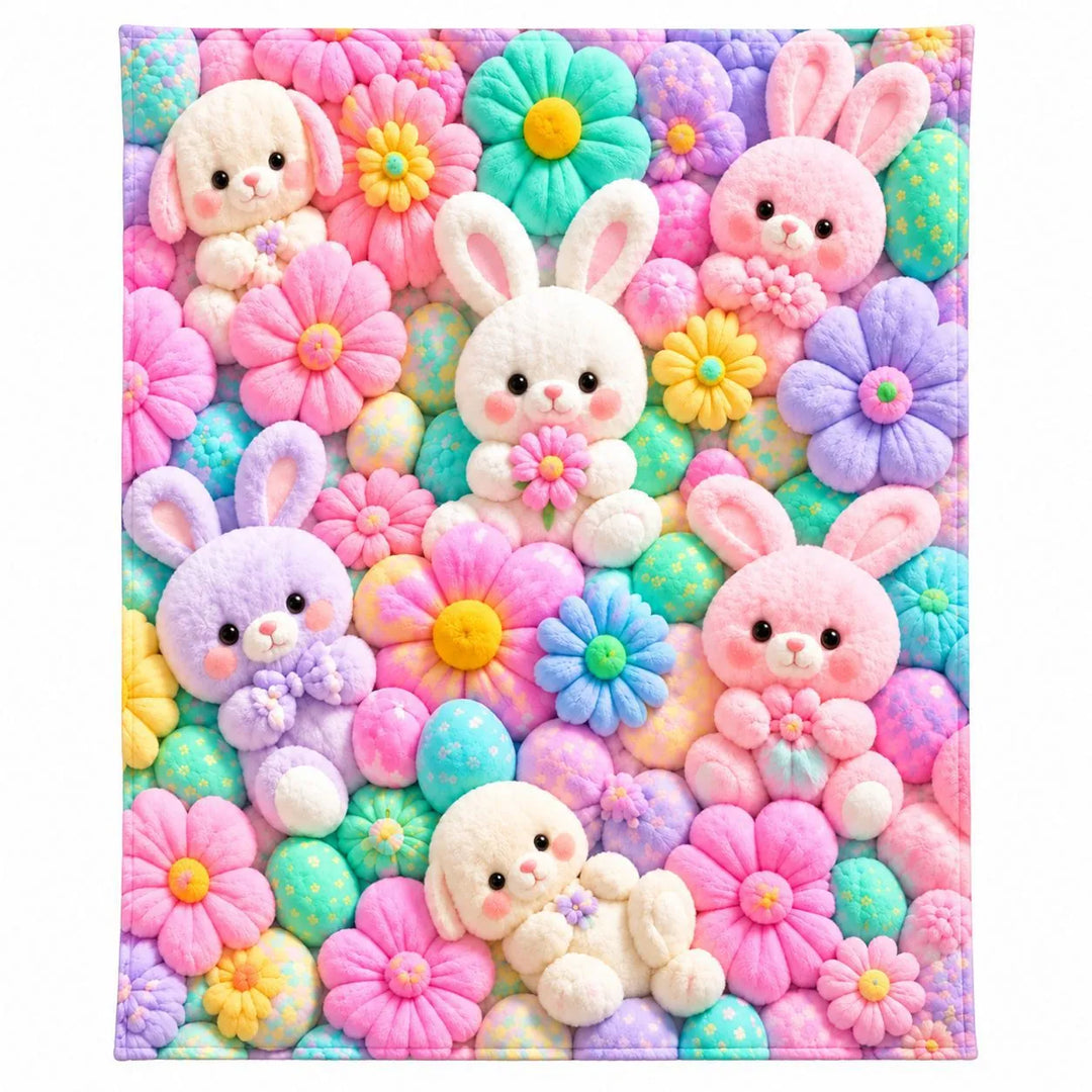 Bunny &amp; Teddy Floral Flannel Throw Blanket – Cozy 4-Size Comfort