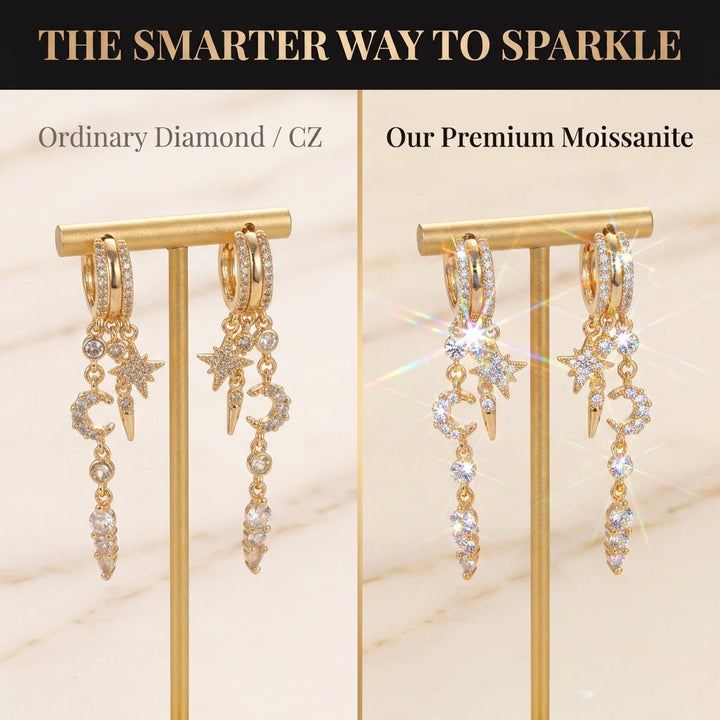 Celestial Elegance: Handmade Lab-Grown Diamond Star &amp; Moon Drop Earrings--Last Day Sale-90% OFF💕