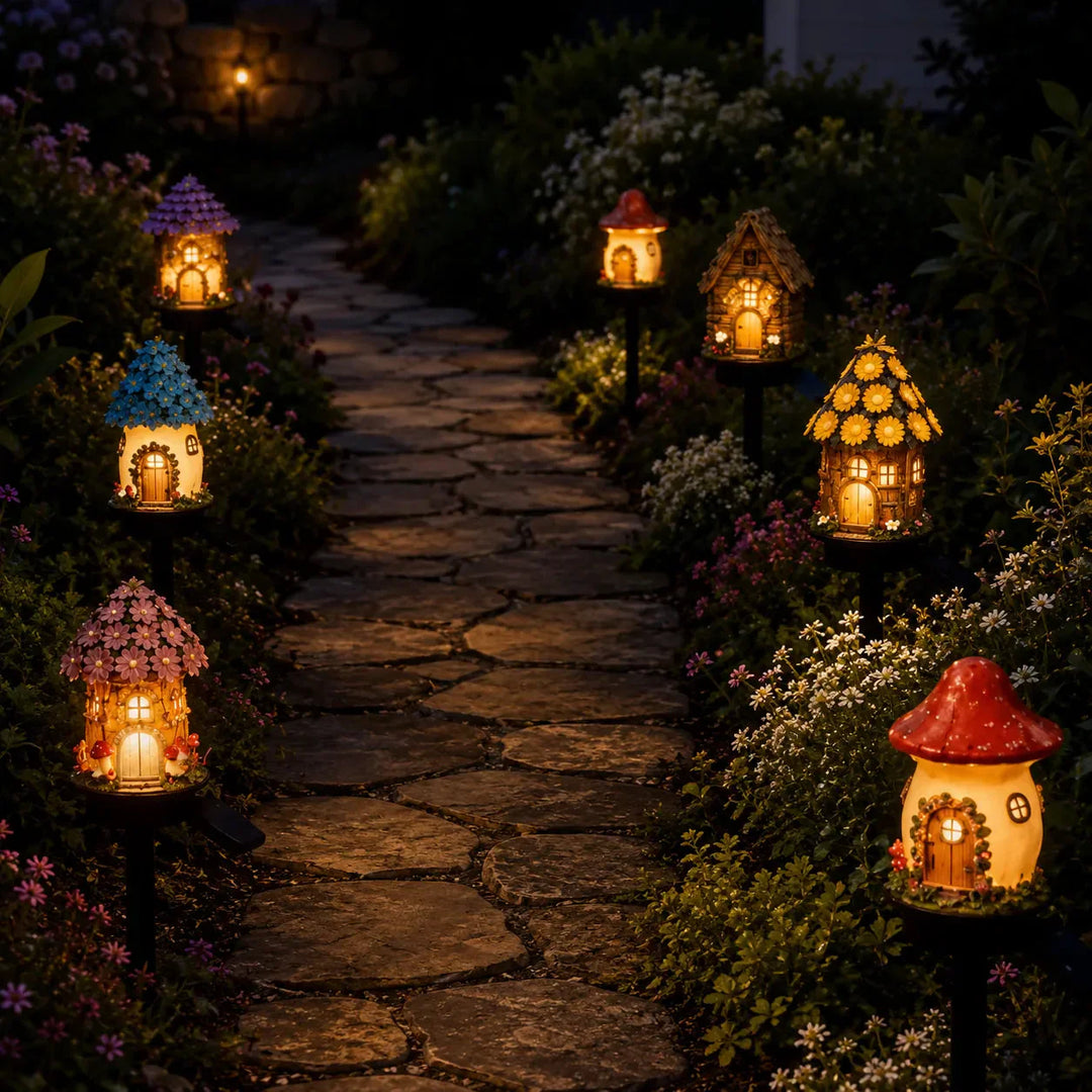 Solar Fairy Cottage Garden Stake Light, Hand-Sculpted Resin, Auto-On Warm LED - DHACTIVE