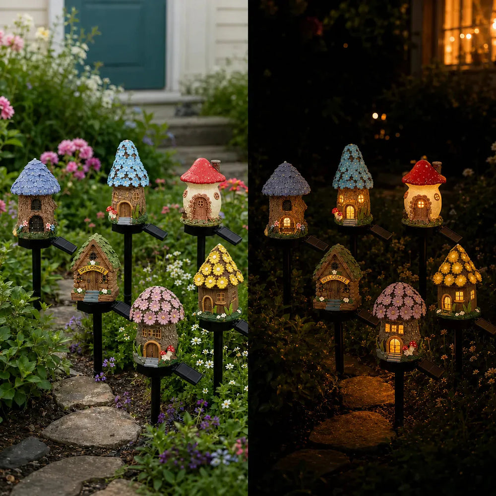 Solar Fairy Cottage Garden Stake Light, Hand-Sculpted Resin, Auto-On Warm LED - DHACTIVE 2