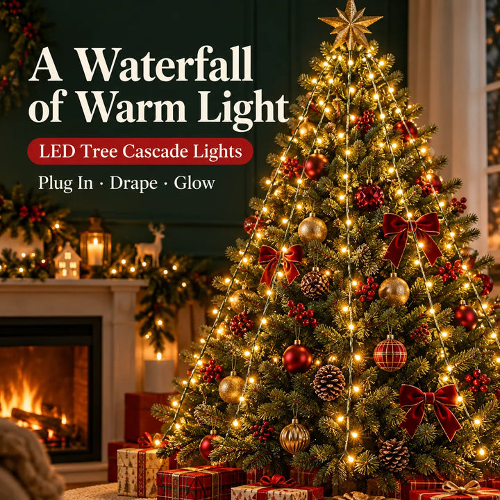 LED Christmas Tree Waterfall Lights – USB Powered, 8 Modes, 1.5m/2m/3m