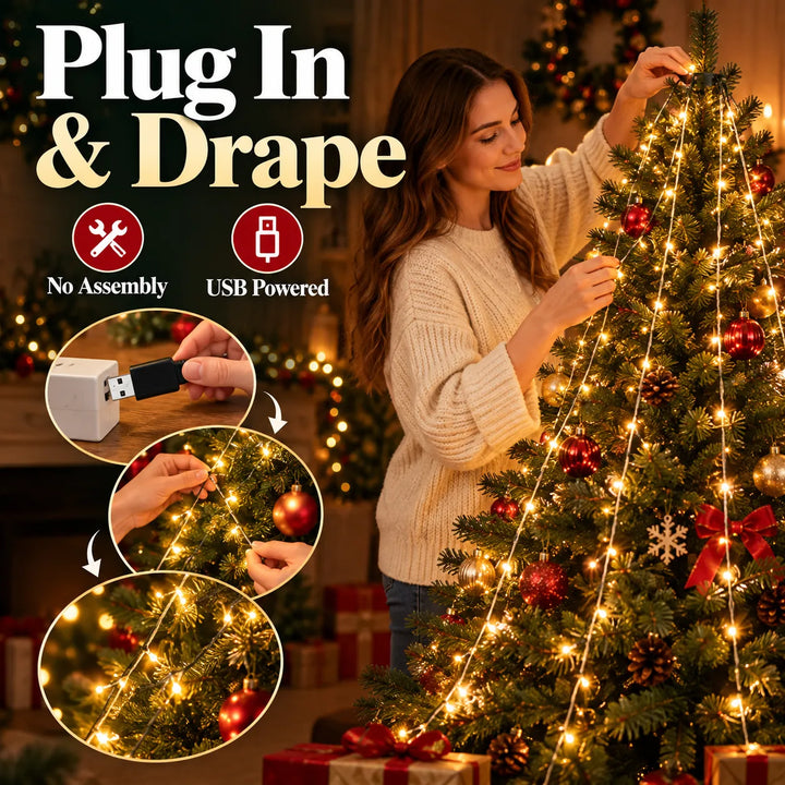 LED Christmas Tree Waterfall Lights – USB Powered, 8 Modes, 1.5m/2m/3m