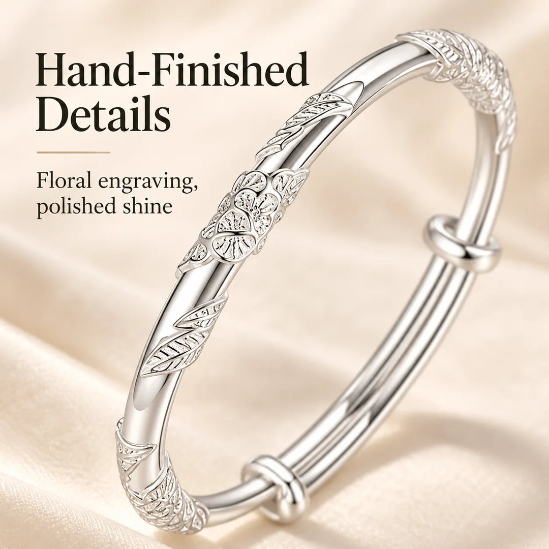 Floral Sliding Bangle – Adjustable Silver-Tone Bracelet