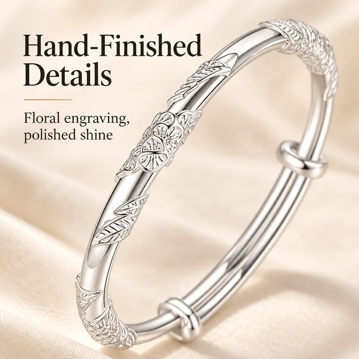 Floral Sliding Bangle – Adjustable Silver-Tone Bracelet