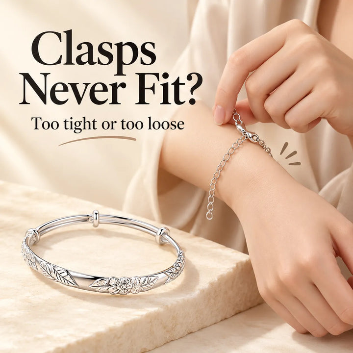 Floral Sliding Bangle – Adjustable Silver-Tone Bracelet