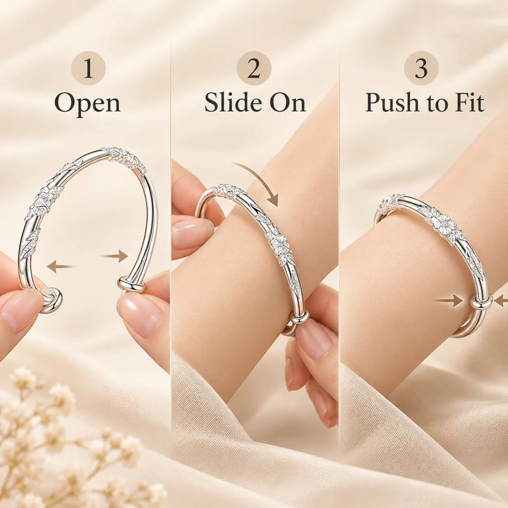 Floral Sliding Bangle – Adjustable Silver-Tone Bracelet