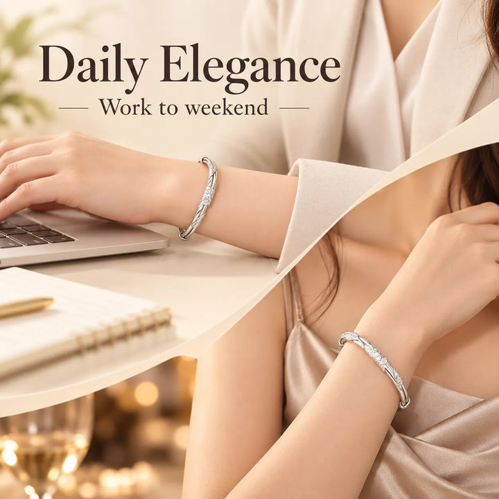Floral Sliding Bangle – Adjustable Silver-Tone Bracelet