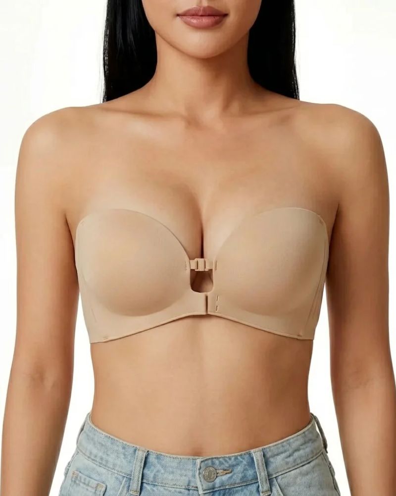 Nude front-closure strapless push-up bra worn with jeans