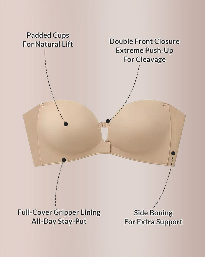 Feature diagram of padded cups, front closure, side boning, and gripper lining