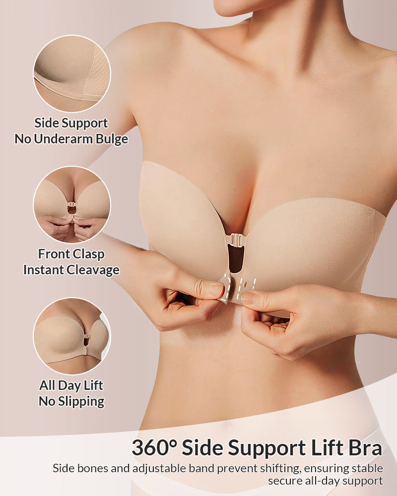 Model fastening the nude front-closure strapless bra