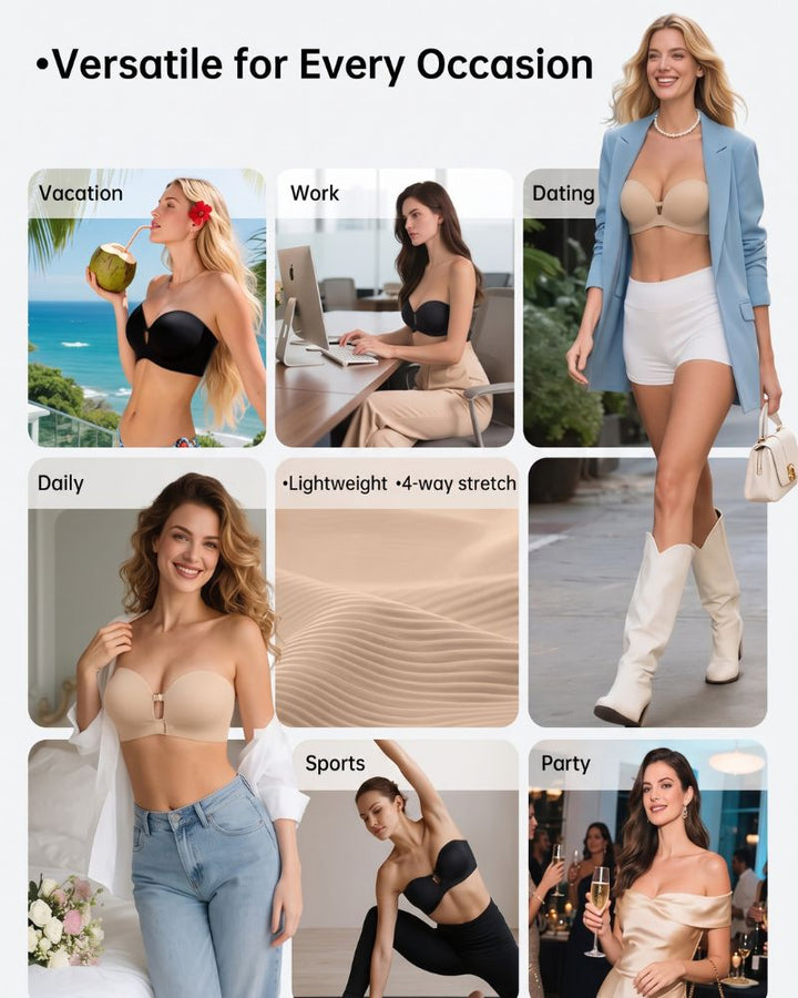 Collage of outfit occasions for a convertible strapless bra