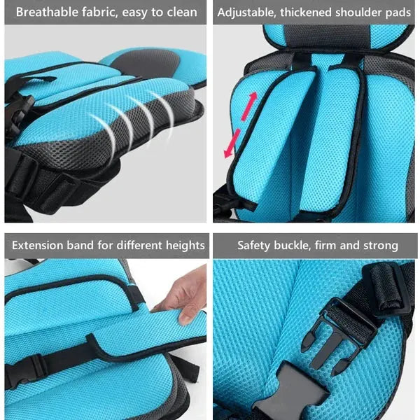 Portable child seat pad fabric, shoulder pad and buckle details
